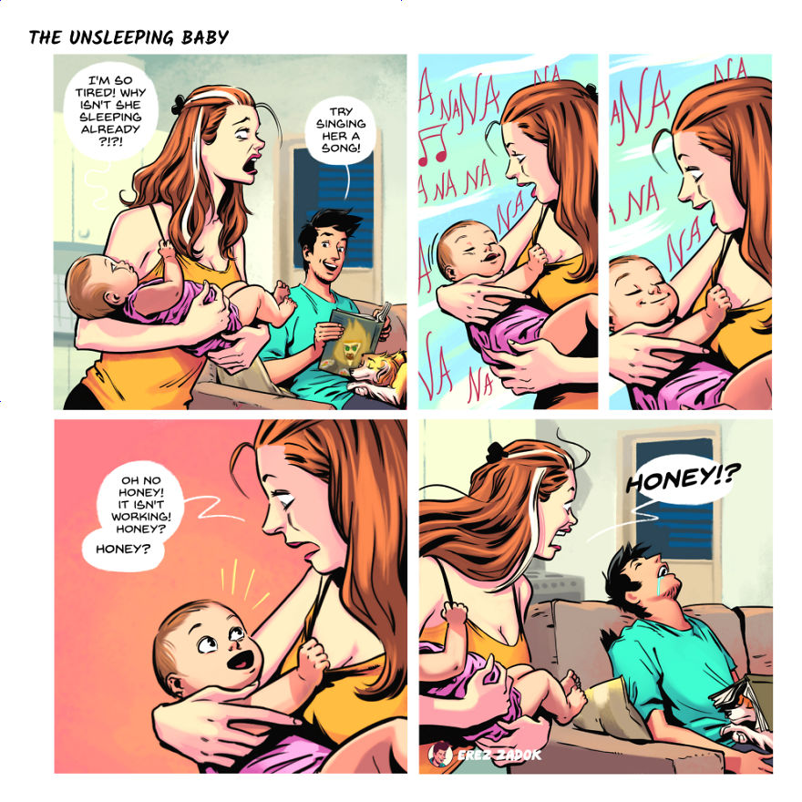 Artist Illustrates Everyday Life With His Wife And A Newborn Baby And A Dog