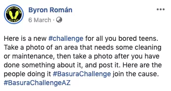 Facebook User Byron Roman posts about #TrashTag Challenge on his Facebook profile