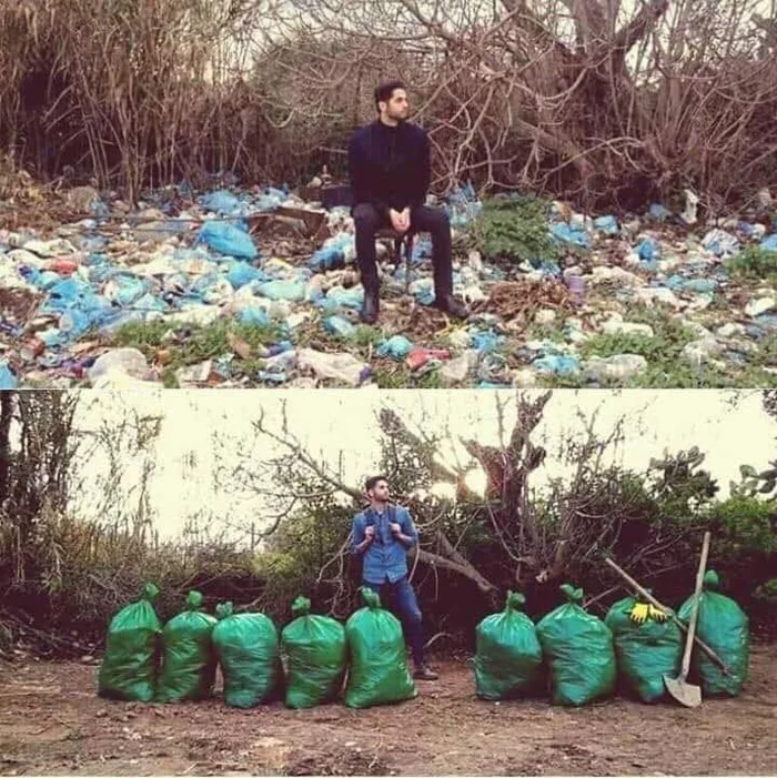 The before and after image shared by Facebook user Byron Roman about #TrashTag Challenge