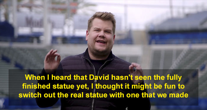 James Corden Pulls Off A Hilarious Prank On David Beckham With A Hideous Statue