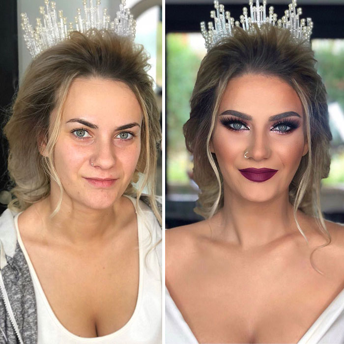 Pictures Showing The Before And After Make Up Looks Of The Brides On Their Wedding