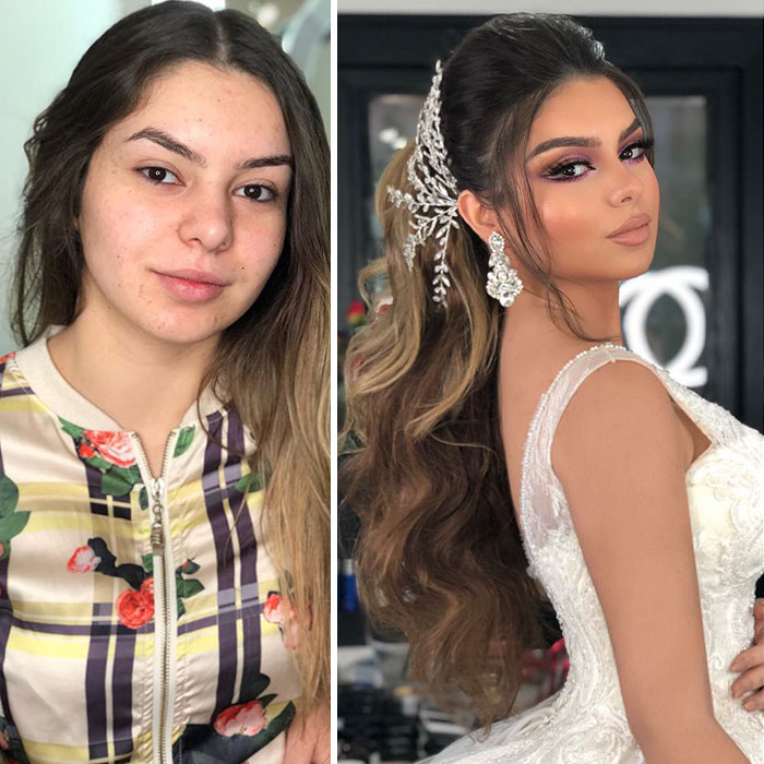 Pictures Showing The Before And After Make Up Looks Of The Brides On Their Wedding