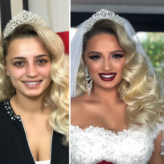 Pictures Showing The Before And After Make Up Looks Of The Brides On Their Wedding