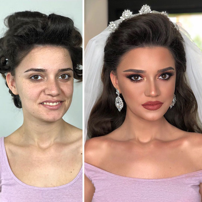 Pictures Showing The Before And After Make Up Looks Of The Brides On Their Wedding