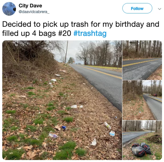 Twitter user David picks up trash on his birthday