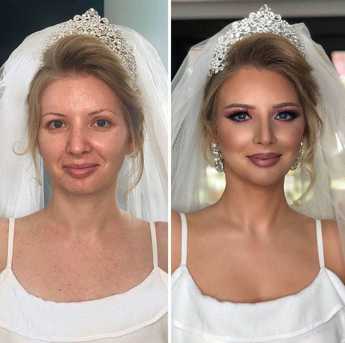 Pictures Showing The Before And After Make Up Looks Of The Brides On Their Wedding