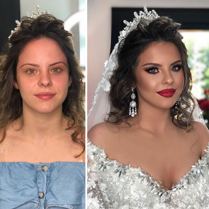 Pictures Showing The Before And After Make Up Looks Of The Brides On Their Wedding