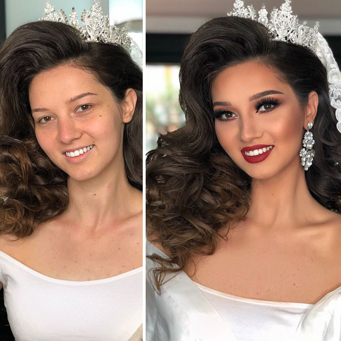 Pictures Showing The Before And After Make Up Looks Of The Brides On Their Wedding