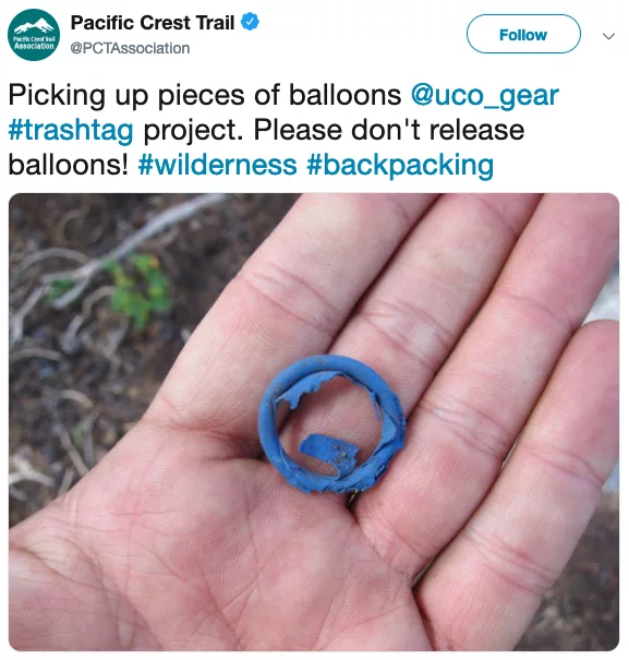 The Pacific Crest Trail advising people against releasing balloons in #TrashTag Challenge