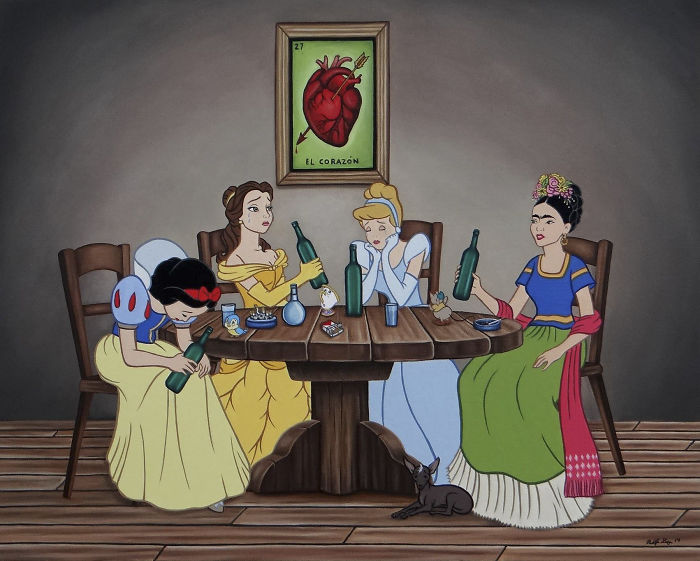 illustrations showing disney characters in modern times