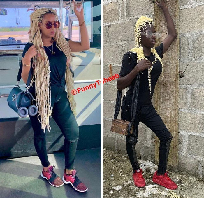 Hilarious Low-Cost Recreations Of Celebrity Outfits By An African Boy