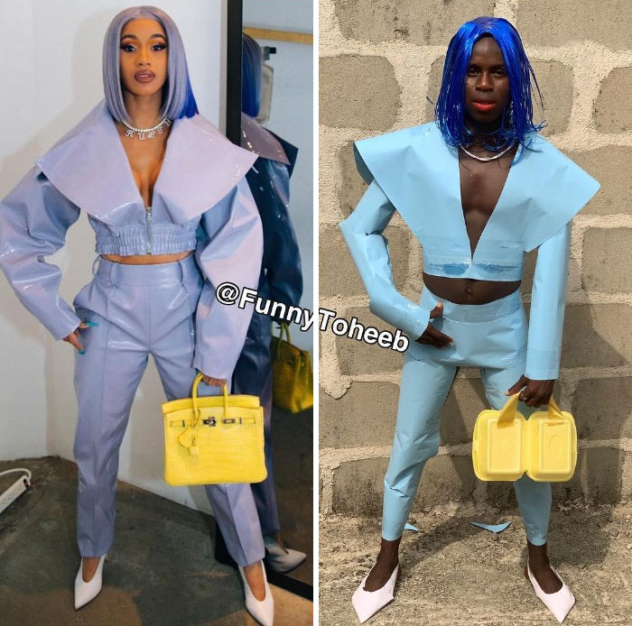 Hilarious Low-Cost Recreations Of Celebrity Outfits By An African Boy