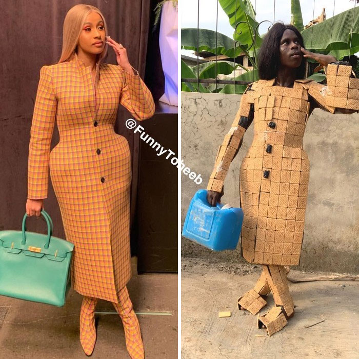 Hilarious Low-Cost Recreations Of Celebrity Outfits By An African Boy