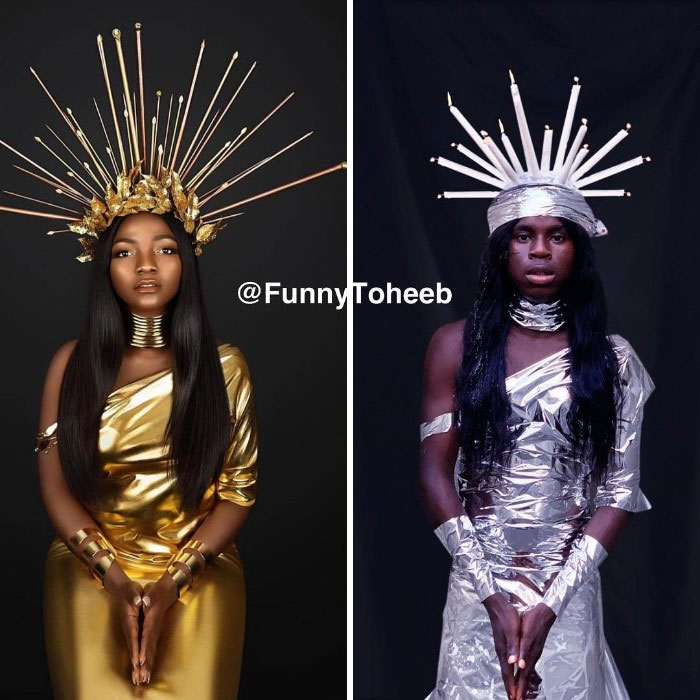 Hilarious Low-Cost Recreations Of Celebrity Outfits By An African Boy