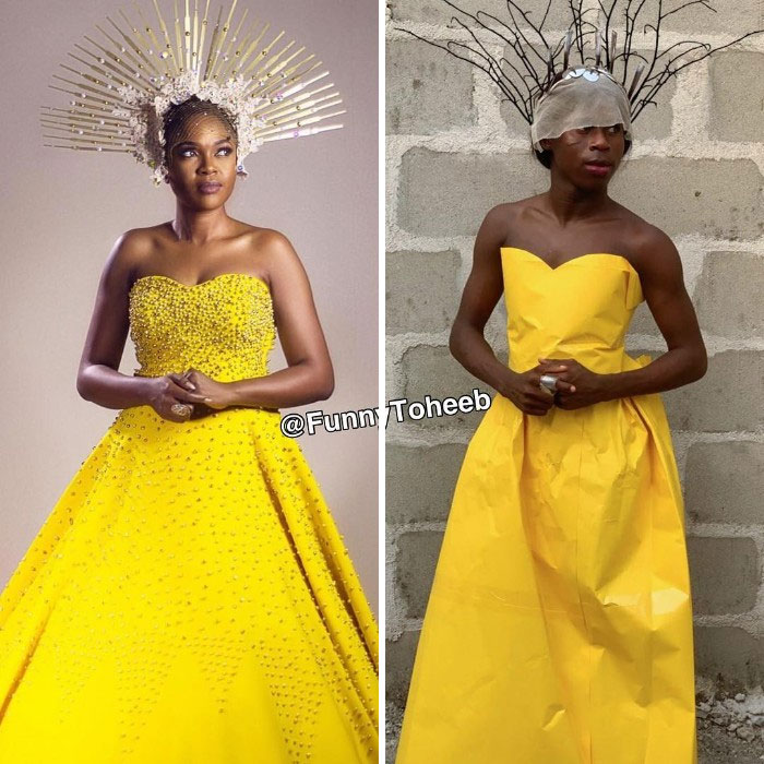 Hilarious Low-Cost Recreations Of Celebrity Outfits By An African Boy