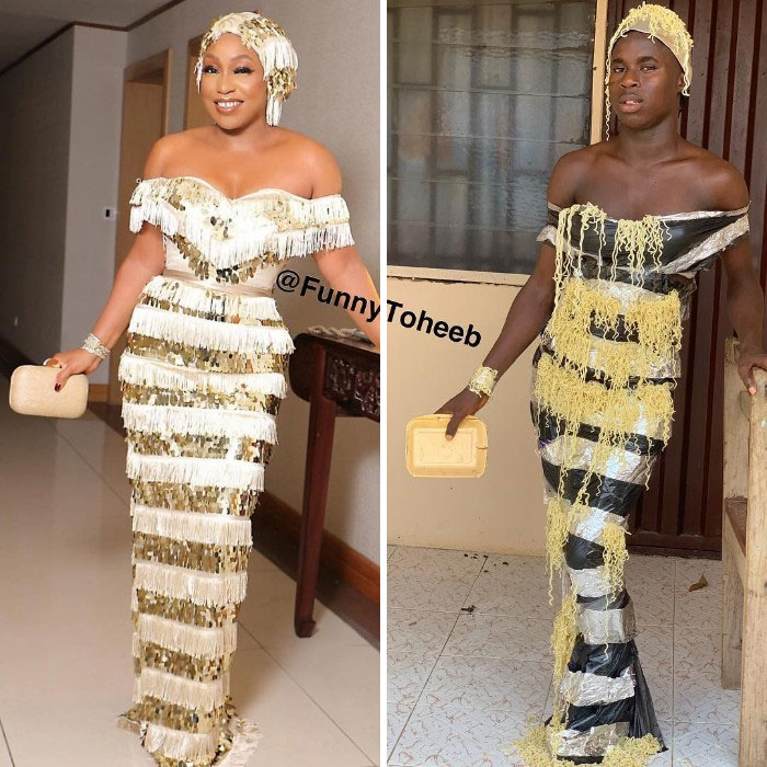 Hilarious Low-Cost Recreations Of Celebrity Outfits By An African Boy