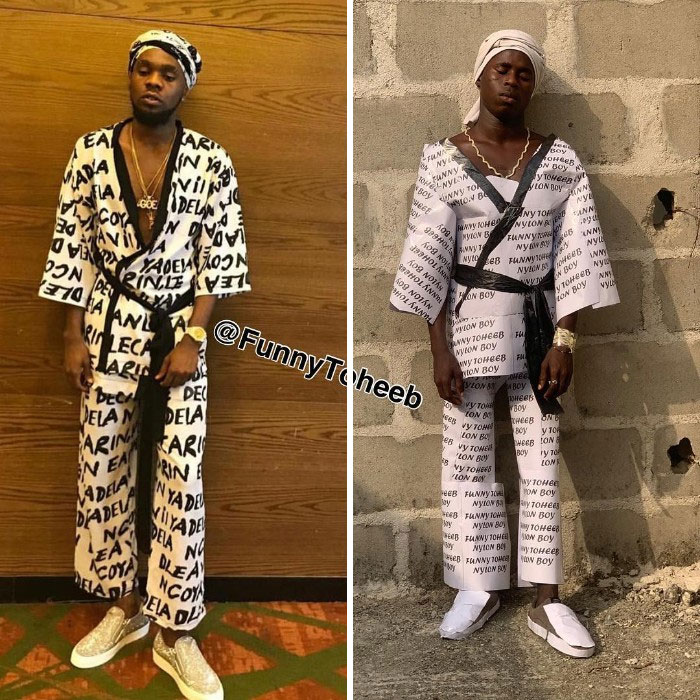 Hilarious Low-Cost Recreations Of Celebrity Outfits By An African Boy