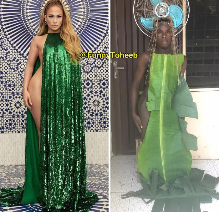 Hilarious Low-Cost Recreations Of Celebrity Outfits By An African Boy