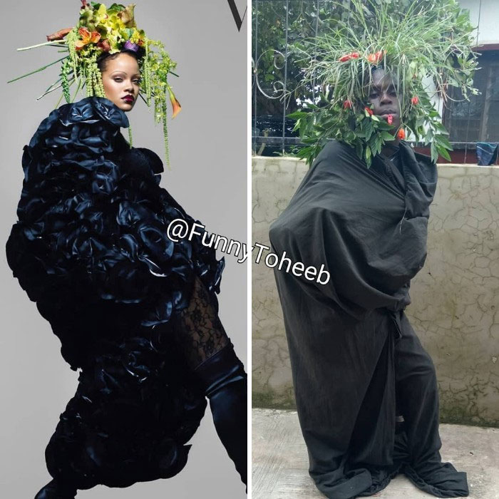 Hilarious Low-Cost Recreations Of Celebrity Outfits By An African Boy