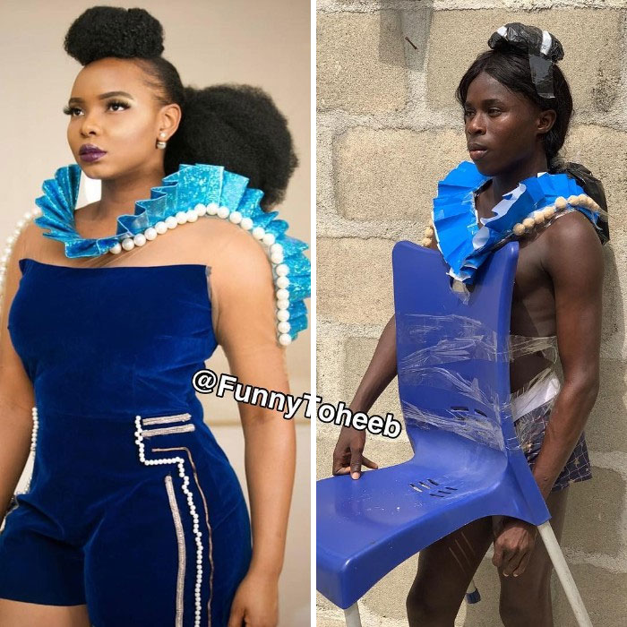 Hilarious Low-Cost Recreations Of Celebrity Outfits By An African Boy