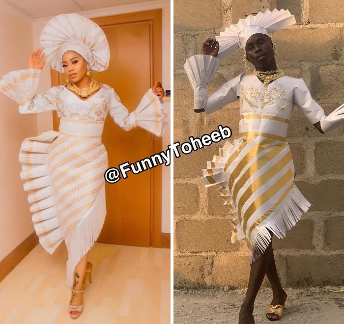 Hilarious Low-Cost Recreations Of Celebrity Outfits By An African Boy