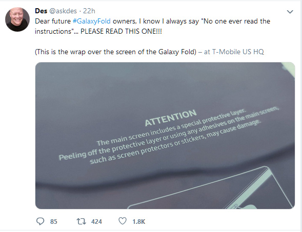 Samsung Responds to The Wrecked Screens Incidents of The Newly Launched Galaxy Fold