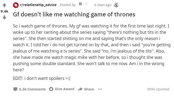 Girlfriend gets jealous of nudity in Game of Thrones