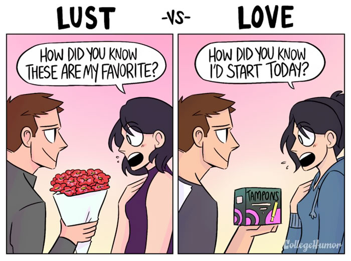 comic strips showing difference between love and lust