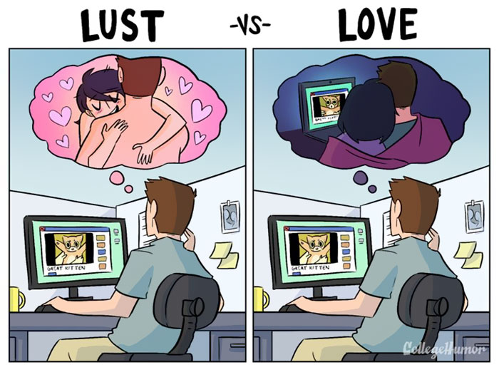 comic strips showing difference between love and lust