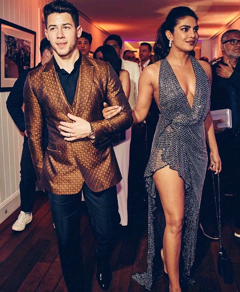 priyanka chopra slayed in metallic high slit dress with nick jonas