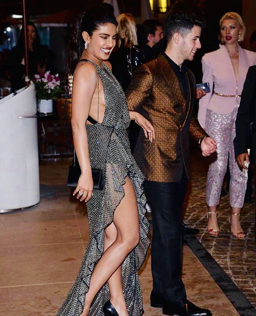 priyanka chopra slayed in metallic high slit dress with nick jonas