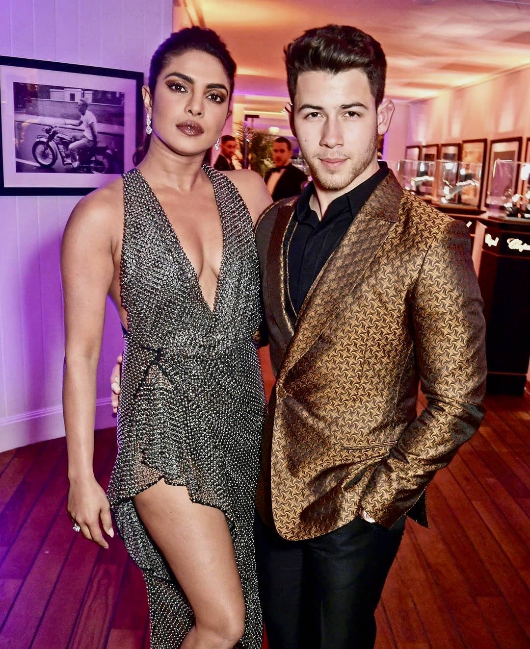 priyanka chopra slayed in metallic high slit dress with nick jonas