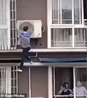 Chinese Man Scales Tall Building With Bare Hands To Save A Kid Hanging from Balcony